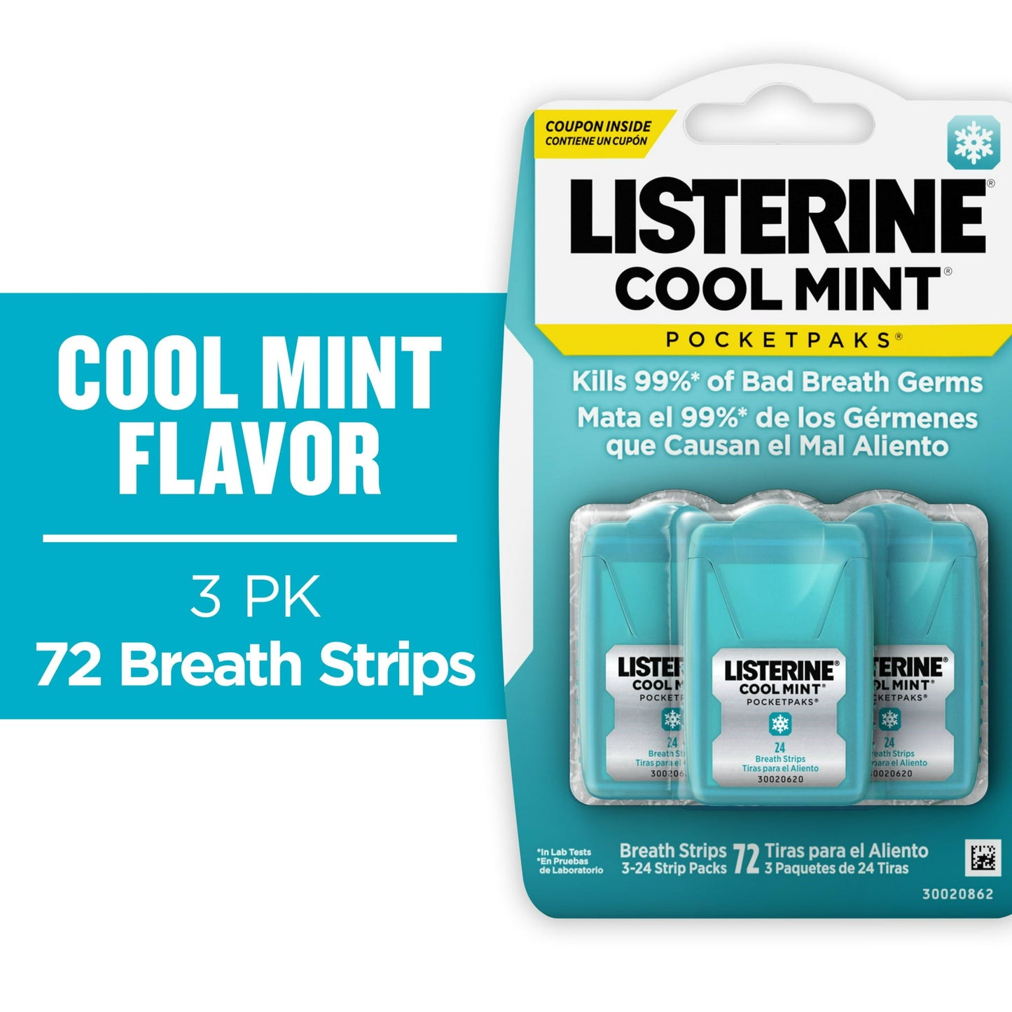 Listerine Cool Mint PocketPaks Oral Care Breath Strips, Breath Spray Alternative, 24 ct, 3 pack